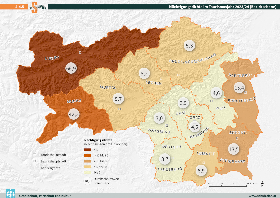 Nächtigungsdichte im Tourismusjahr 2023/24 (Bezirksebene)