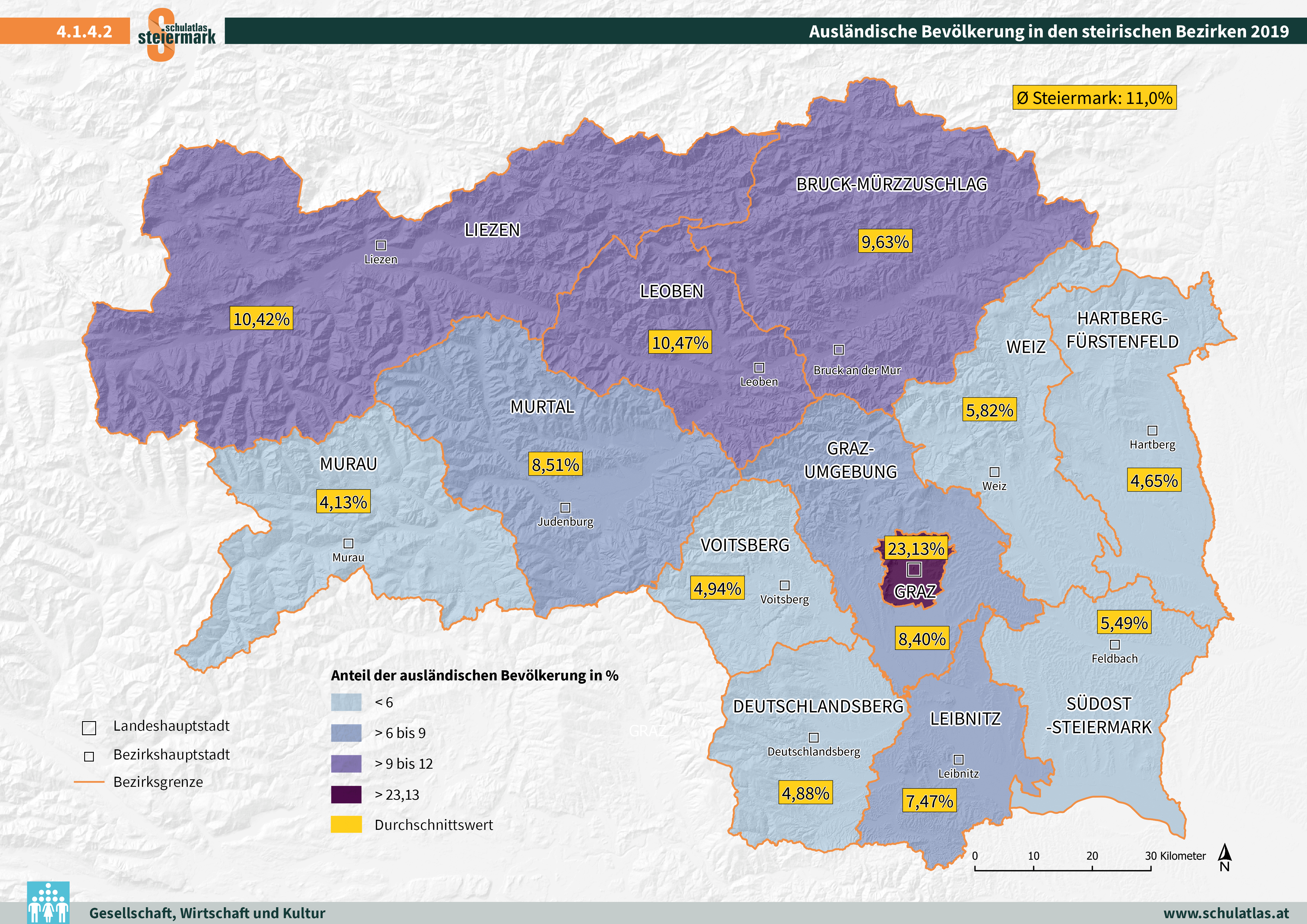 Ausländische Bevölkerung in den steirischen Bezirken 2019