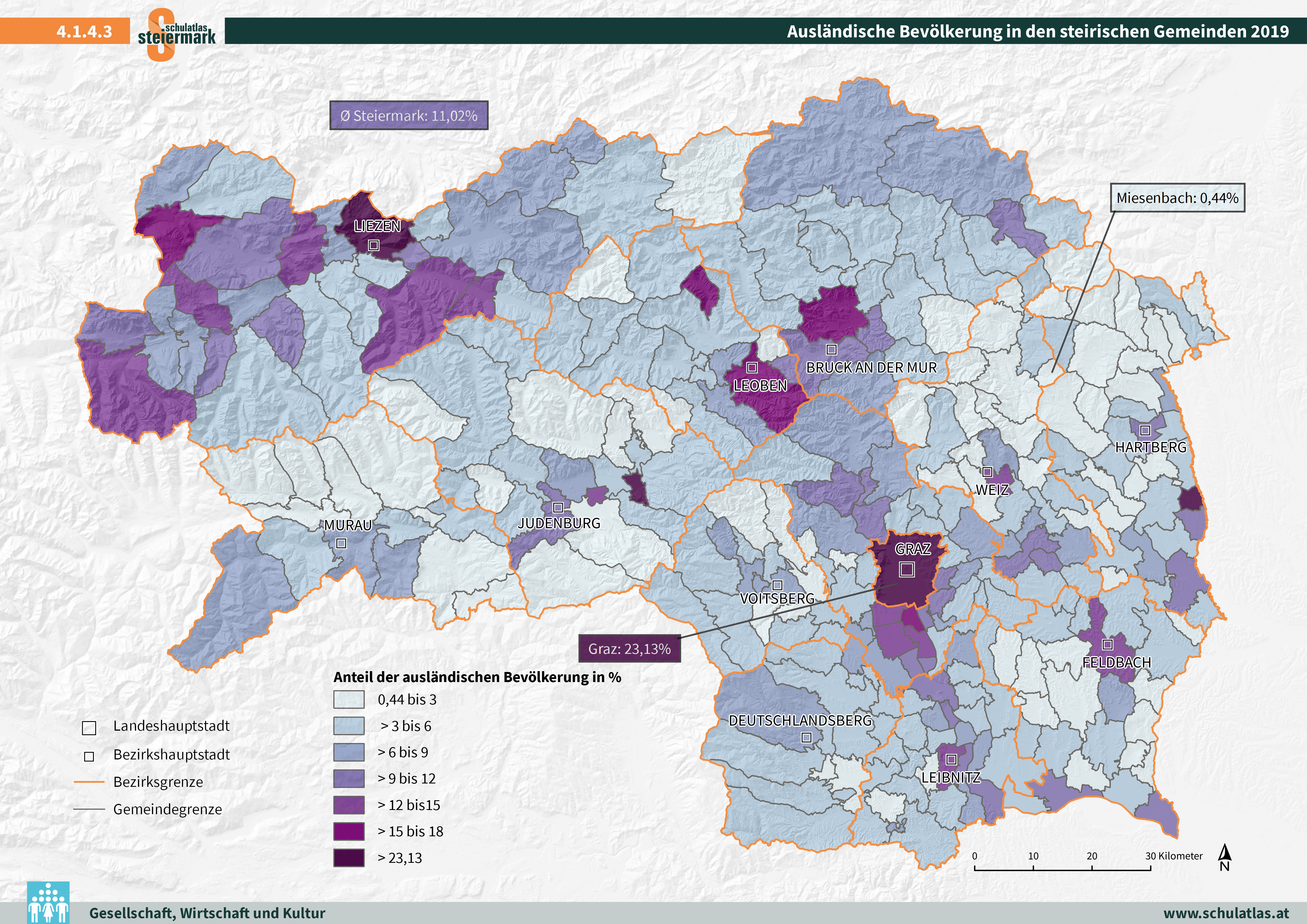Ausländische Bevölkerung in den steirischen Gemeinden 2019