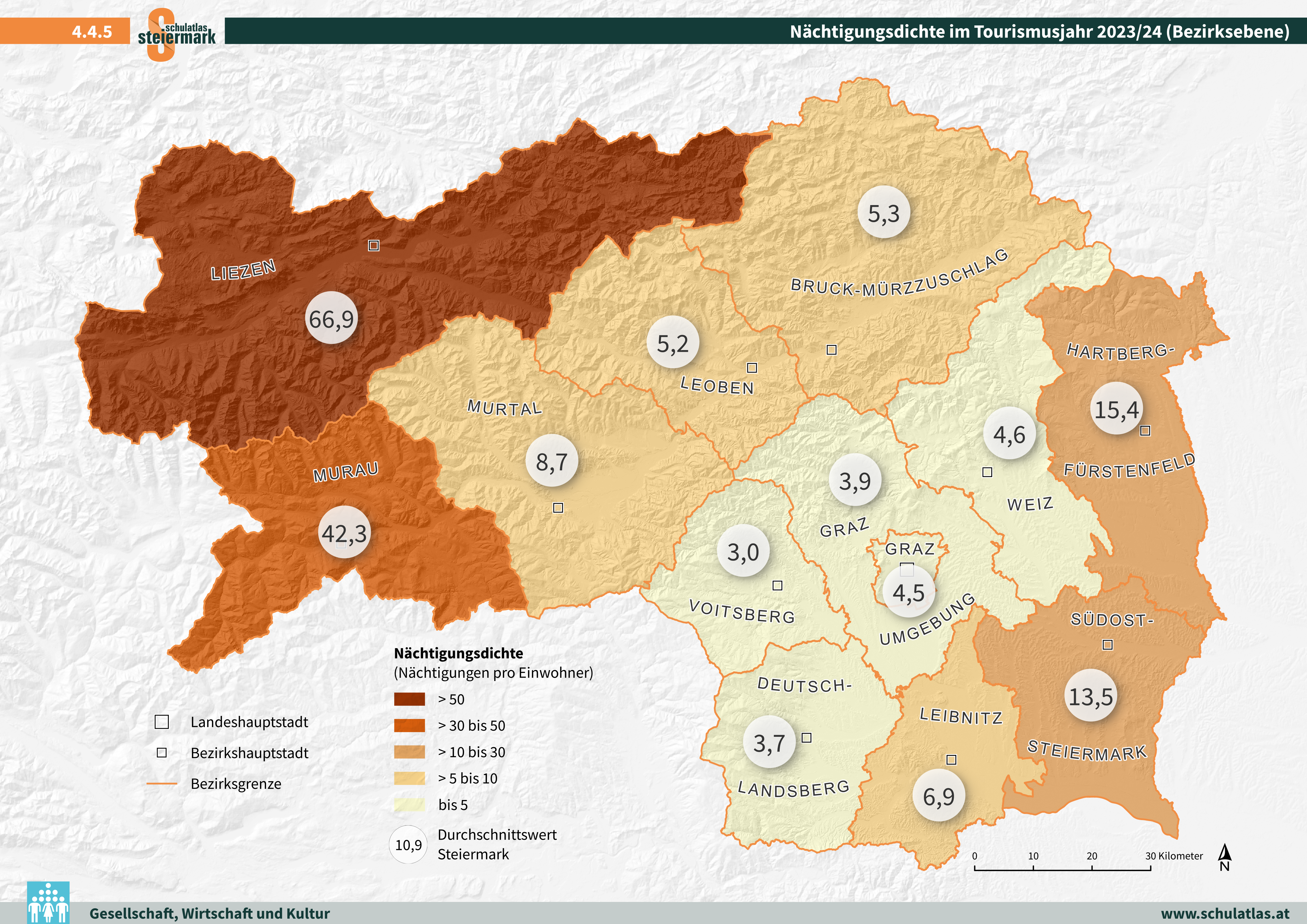 Nächtigungsdichte im Tourismusjahr 2023/24 (Bezirksebene)