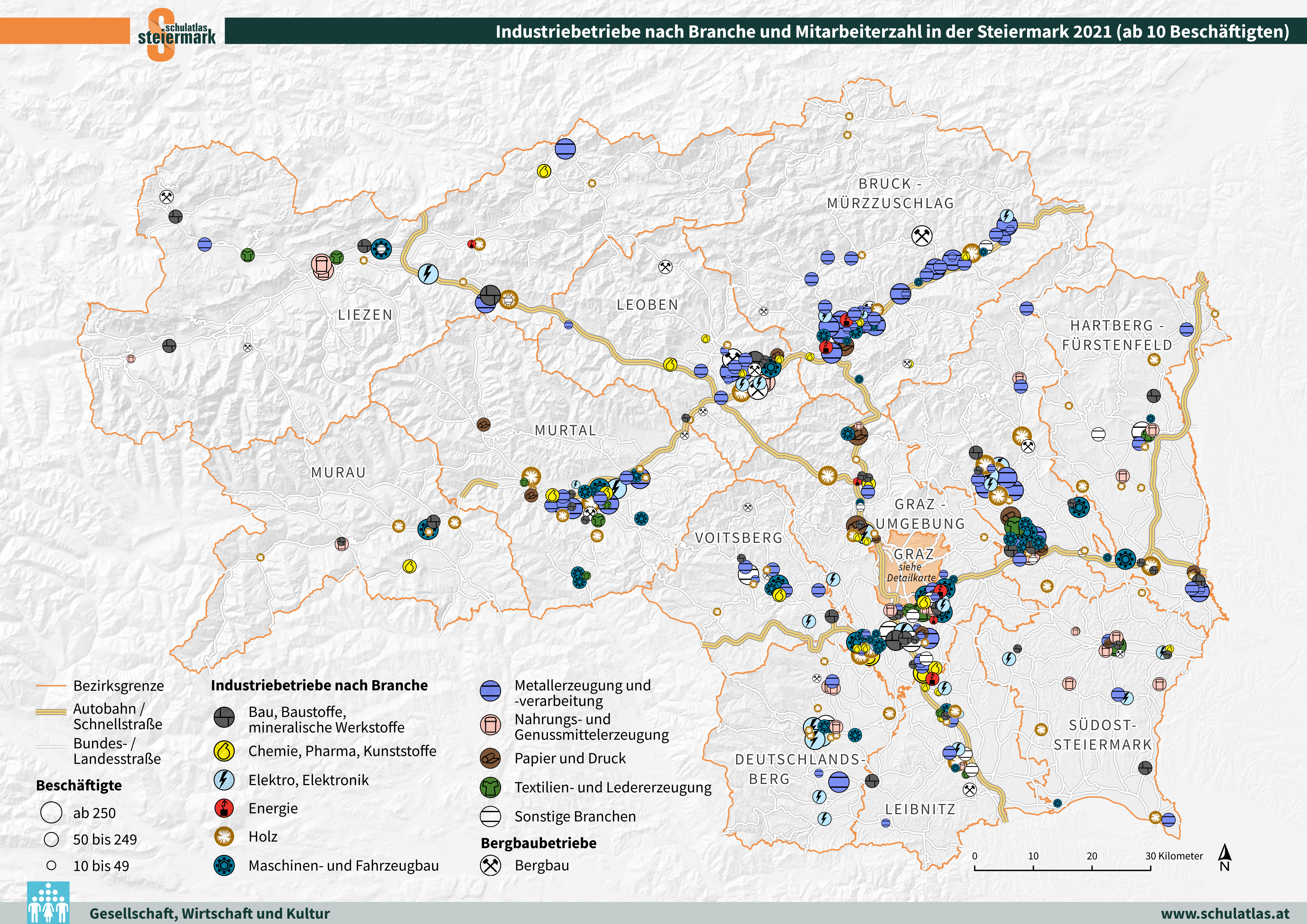 Industriebetriebe nach Branche und Mitarbeiterzahl in der Steiermark 2021